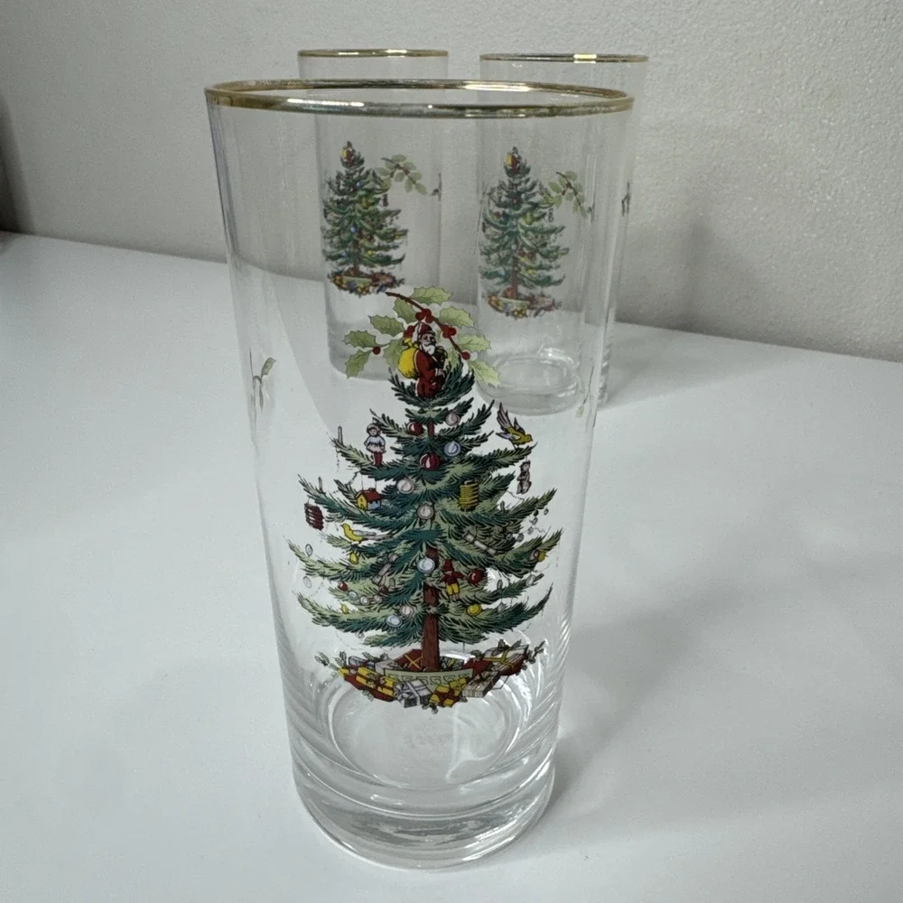 Set of 7 Spode Highball Glasses‎ Tumblers Christmas Tree w/ Gold Rim 6.25